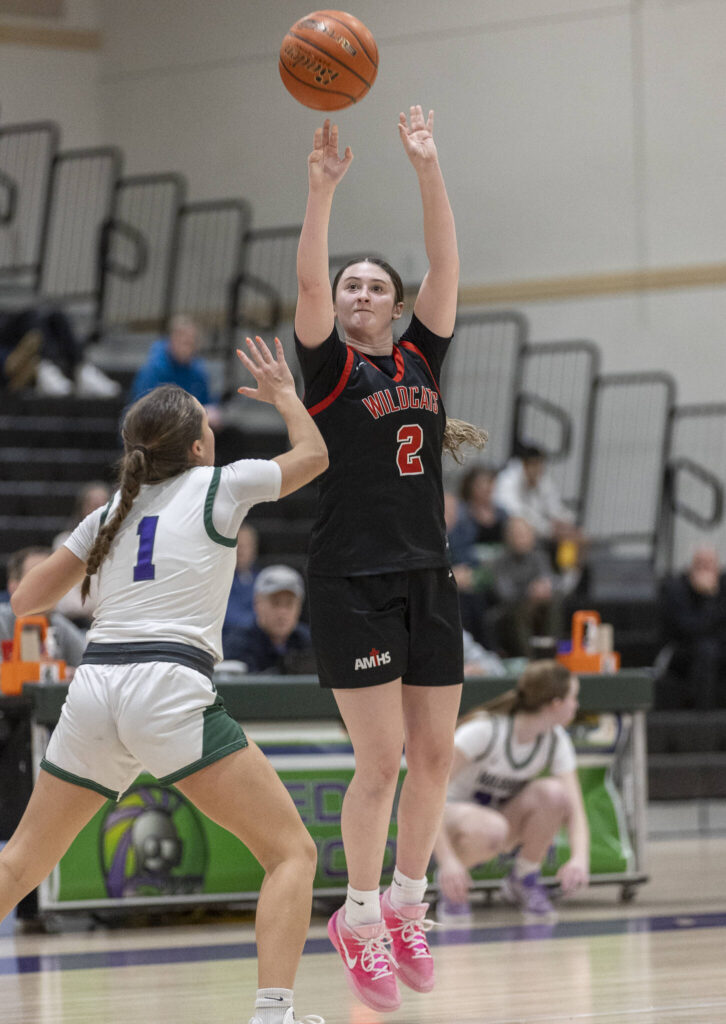 Archbishop Murphy&rsquo;s Brooke Blachly takes a three-point shot during the game against Edmonds-Woodway on Tuesday, Jan. 20, 2026 in Edmonds, Washington. (Olivia Vanni / The Herald)
