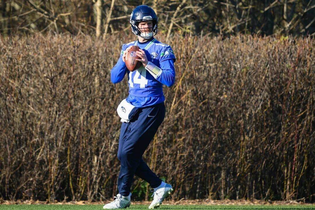 Sam Darnold (14) practices on Wednesday, Jan. 21, 2026 at the Virginia Mason Athletic Center in Renton, Washington. (Photo courtesy of Edwin Hooper / Seattle Seahawks)