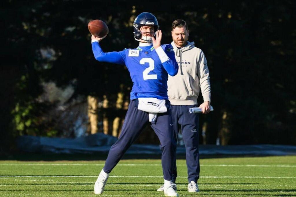 Drew Lock (2) practices on Wednesday, Jan. 21, 2026 at the Virginia Mason Athletic Center in Renton, Washington. (Photo courtesy of Edwin Hooper / Seattle Seahawks)
