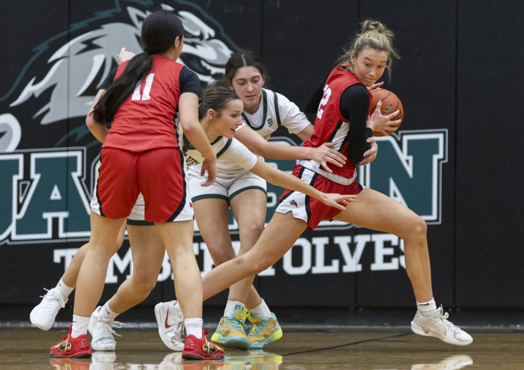 Snohomish&rsquo;s Lola Rotondo rebounds the ball during the game against Jackson on Thursday, Jan. 22, 2026 in Mill Creek, Washington. (Olivia Vanni / The Herald)
