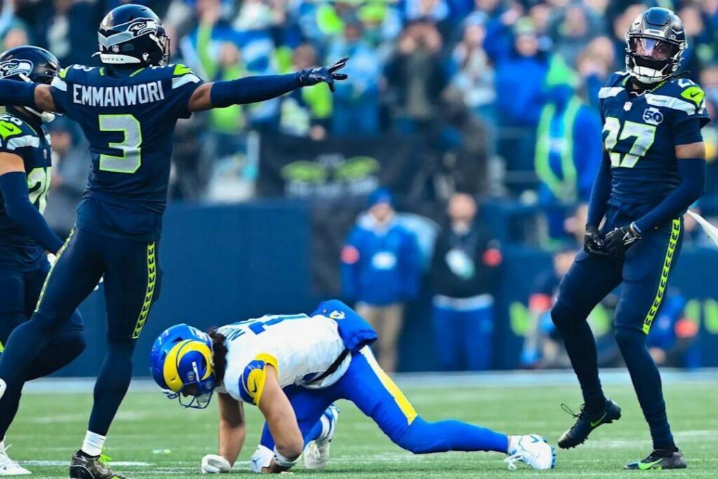 Seattle Seahawks safety Nick Emmanwori (3) signals an incomplete pass to Los Angeles Rams receiver Puka Nacua (12) and Seahawks cornerback Riq Woolen (27) celebrates in the NFC Championship game at Lumen Field in Seattle, Washington on Sunday, Jan. 25, 2026. (Photo courtesy of the Seattle Seahawks)
