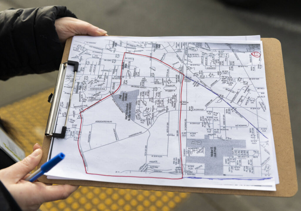 A map of the areas Point In Time count volunteers plan to cover during an afternoon shift on Tuesday, Jan. 27, 2026, in Everett, Washington. (Olivia Vanni / The Herald)
