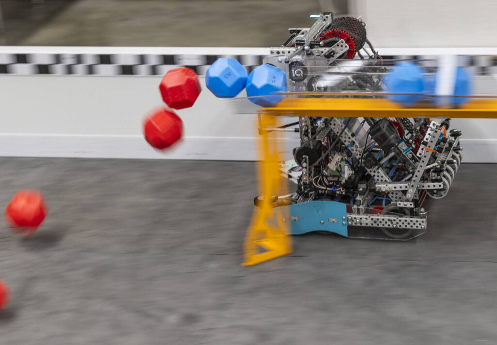 Lake Stevens robotics team 8931R (Arsenic) demonstrates a series of tasks they run their robot through on Thursday, Jan. 29, 2026 in Lake Stevens, Washington. (Olivia Vanni / The Herald)
