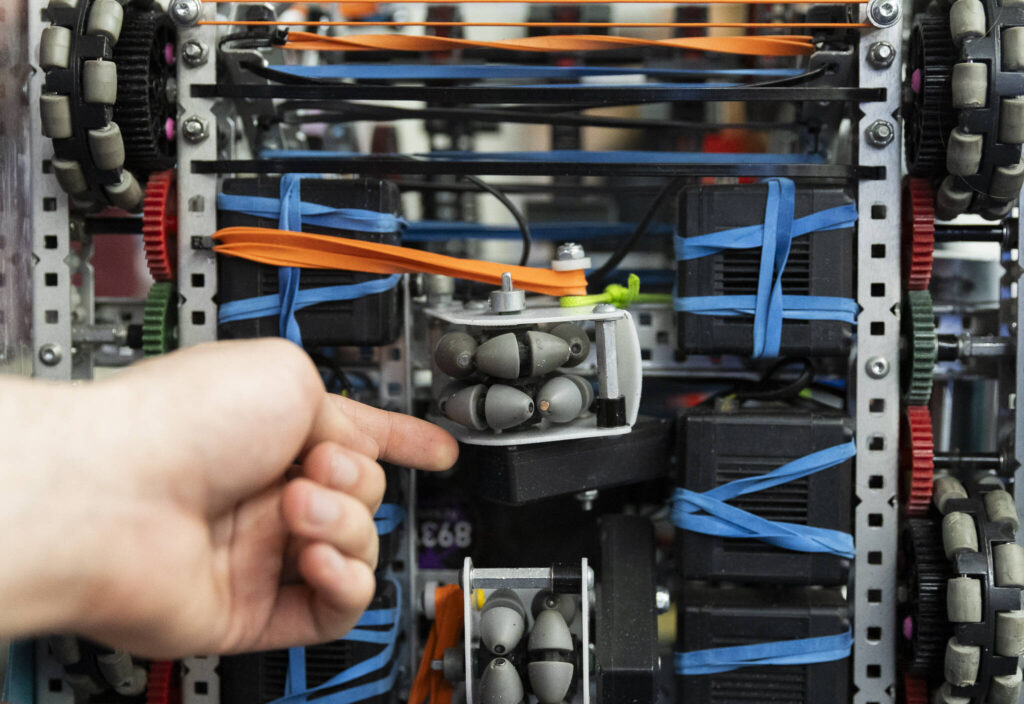 The undercarriage of team 8931R&rsquo;s robot on Thursday, Jan. 29, 2026 in Lake Stevens, Washington. (Olivia Vanni / The Herald)
