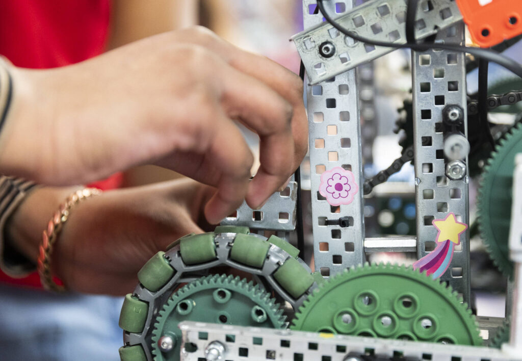 Stickers are visible on the side of a robot on Thursday, Jan. 29, 2026 in Lake Stevens, Washington. (Olivia Vanni / The Herald)
