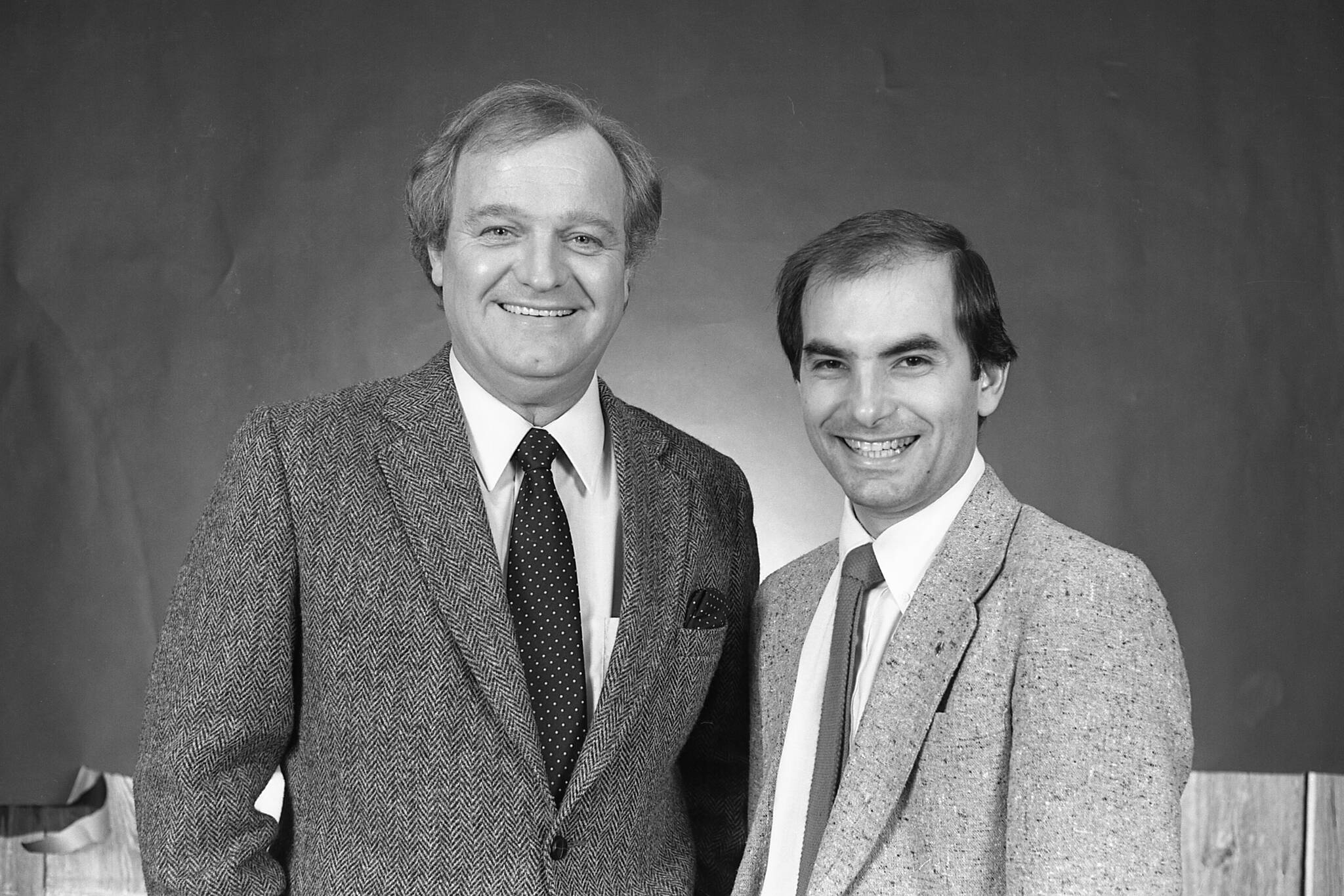 Mariners broadcasters Dave Niehaus (left) and Rick Rizzs pose for a photo in 1982 prior to Rizz's first season with Seattle in 1983. (Photo courtesy of the Seattle Mariners)
