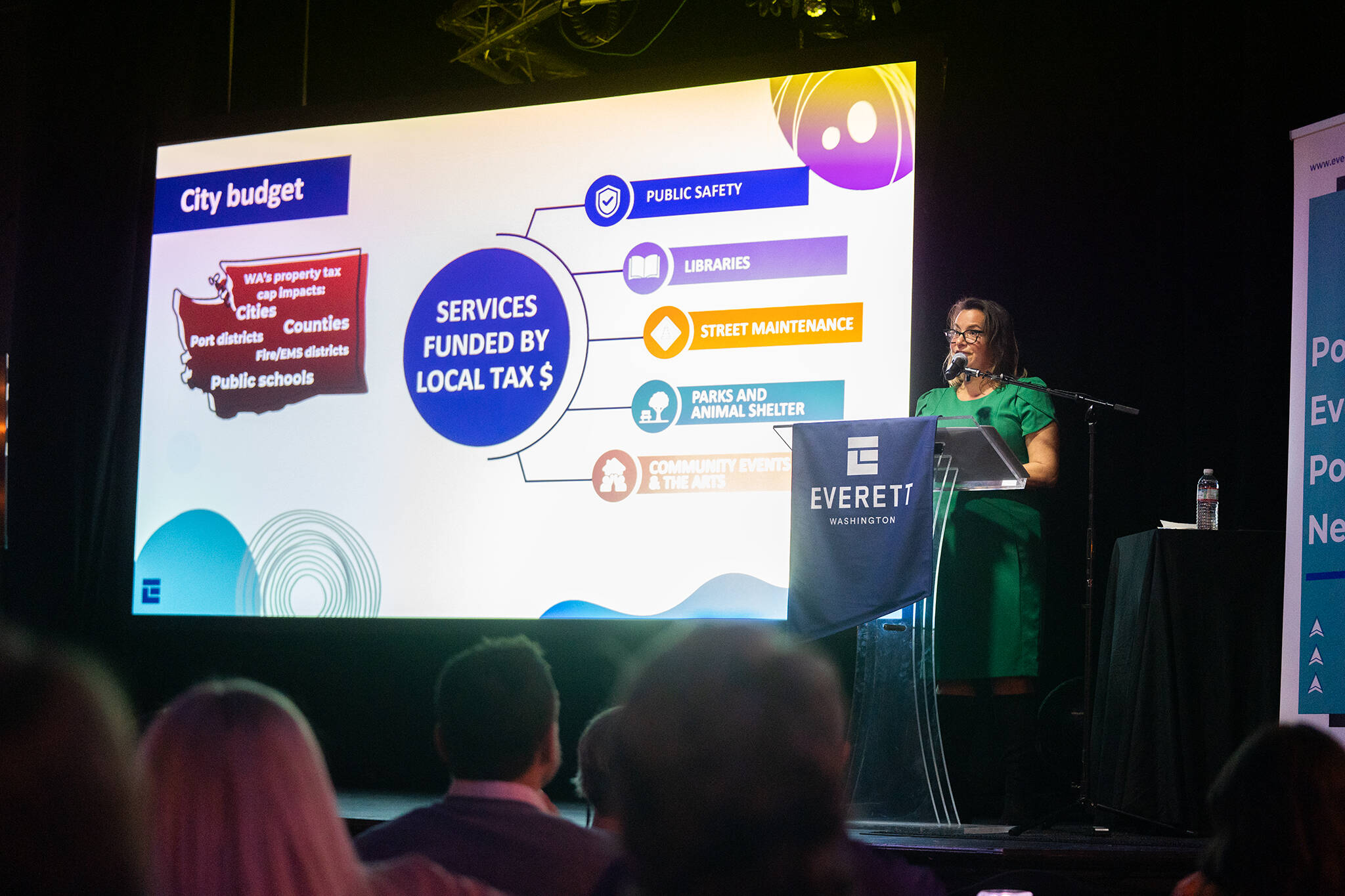 Everett mayor Cassie Franklin delivers her State of the City address on Friday, March 28 in Everett, Washington. (Will Geschke / The Herald)