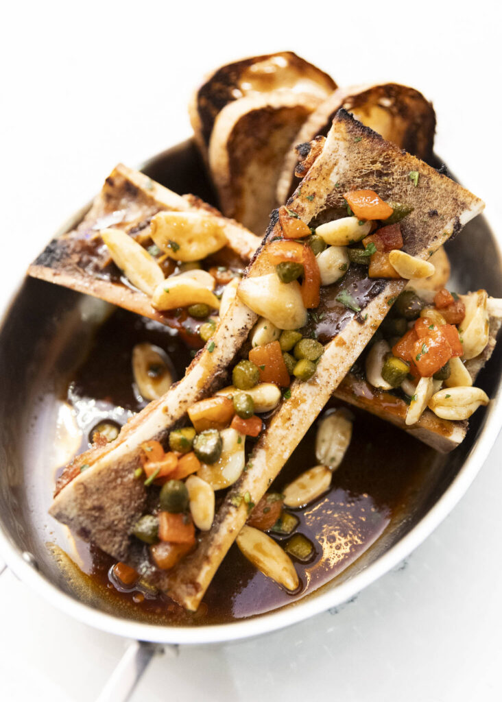 The roasted bone marrow with garlic confit, cornichon, bordelaise sauce, tomato-aged balsamic and grilled onion bread from Whiskey Prime Steakhouse at the Angel of the Winds Casino Resort on Thursday, Jan. 29, 2026 in Arlington, Washington. (Olivia Vanni / The Herald)
