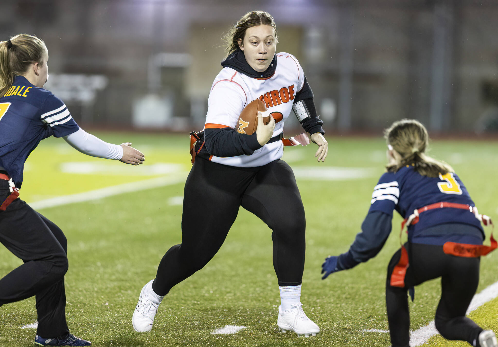 Monroes Vivian Knuckey runs the ball during the game against Ferndale on Wednesday, Jan. 7, 2026 in Everett, Washington. (Olivia Vanni / The Herald)