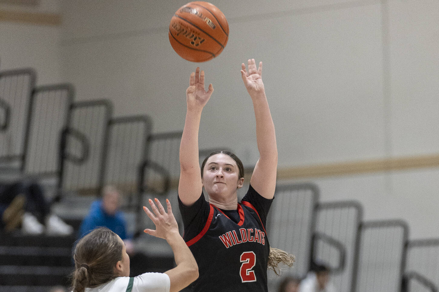 Archbishop Murphy’s Brooke Blachly takes a three-point shot during the game against Edmonds-Woodway on Tuesday, Jan. 20, 2026 in Edmonds, Washington. (Olivia Vanni / The Herald)