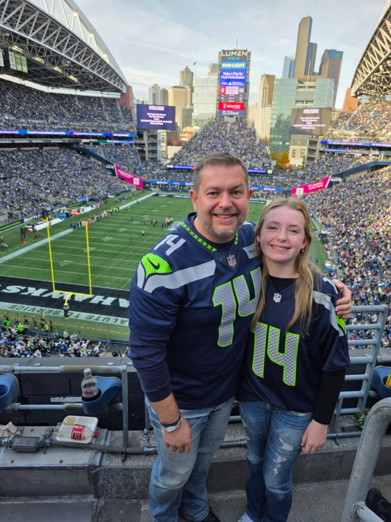 Seth Nilson and his daughter Maddie attend a game during the 2025 season at Lumen Field in Seattle, Washington (Photo courtesy of Seth Nilson)
