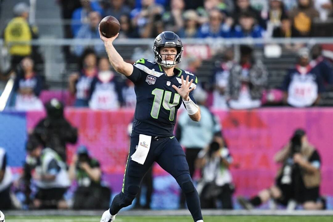 Seahawks quarterback Sam Darnold throws a pass during Super Bowl LX on Sunday, February 8, 2026 at Levis Stadium in Santa Clara, California. (Photo courtesy of the Seattle Seahawks)