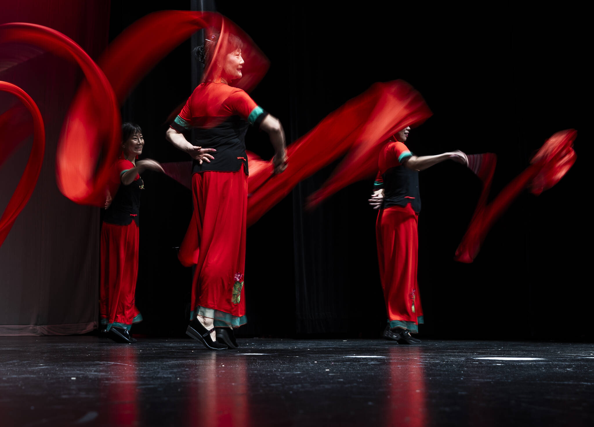 North Seattle Chinese Dancers perform a ribbon dance during the City of Mukilteos Lunar New Year Celebration on Thursday, Feb. 12, 2026 in Mukilteo, Washington. (Olivia Vanni / The Herald)