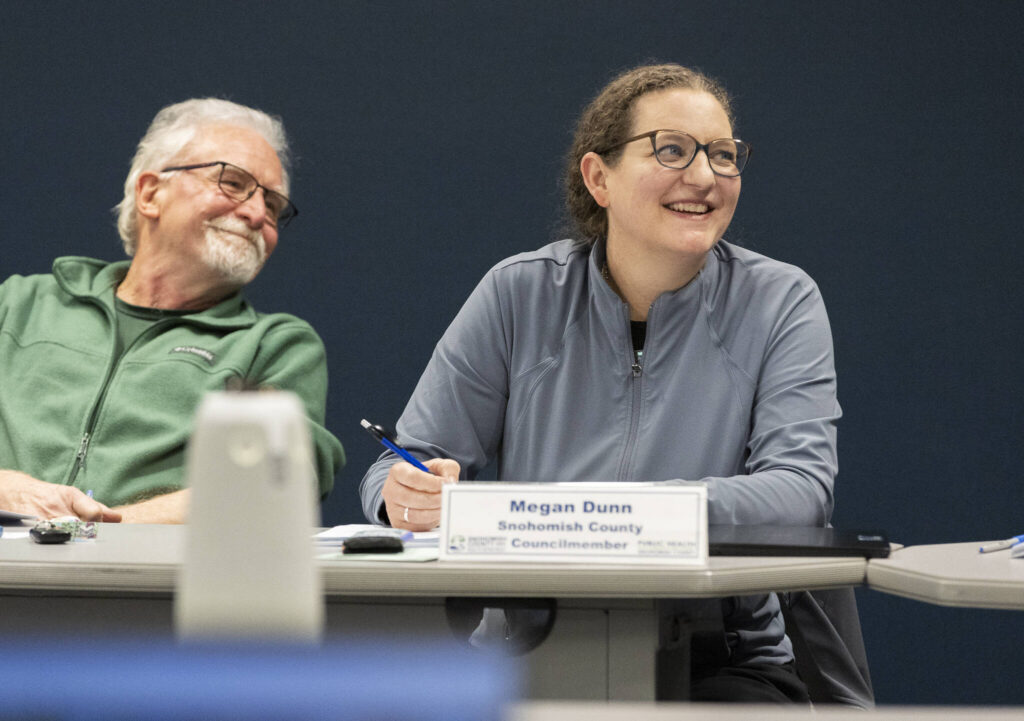 Snohomish County Board of Health member and Snohomish County Council member Megan Dunn sits at a board meeting on Tuesday, Feb. 10, 2026 in Everett, Washington. (Olivia Vanni / The Herald)
