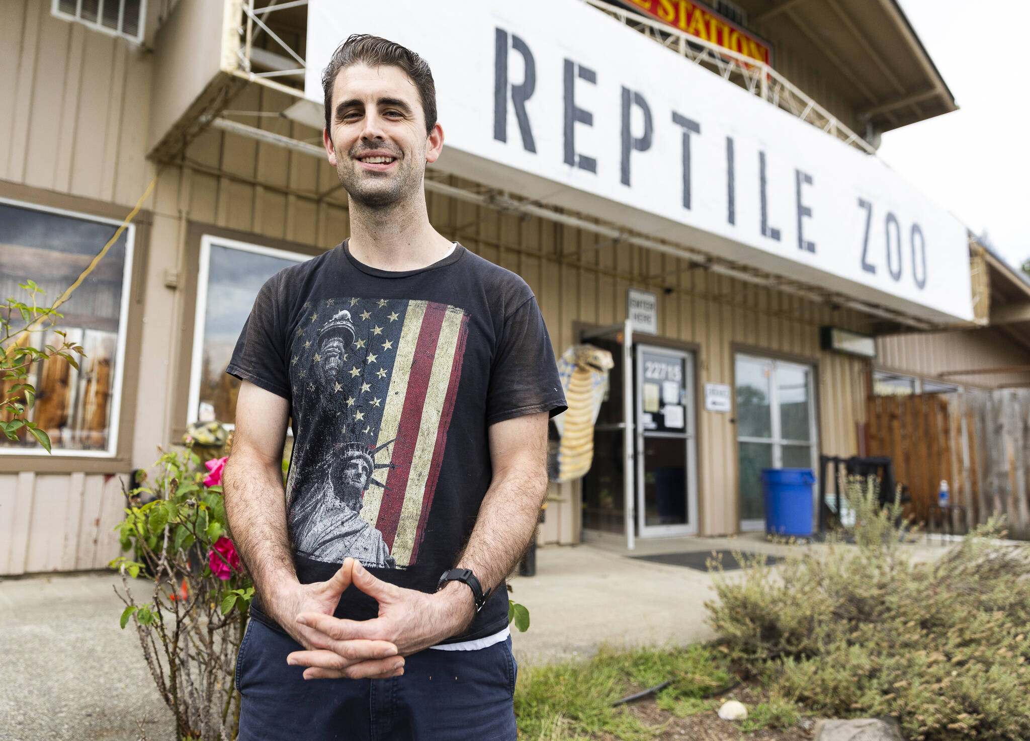 Isaac Peterson, owner of the Reptile Zoo, outside of his business on Tuesday, Aug. 19, 2025 in Monroe, Washington. (Olivia Vanni / The Herald)