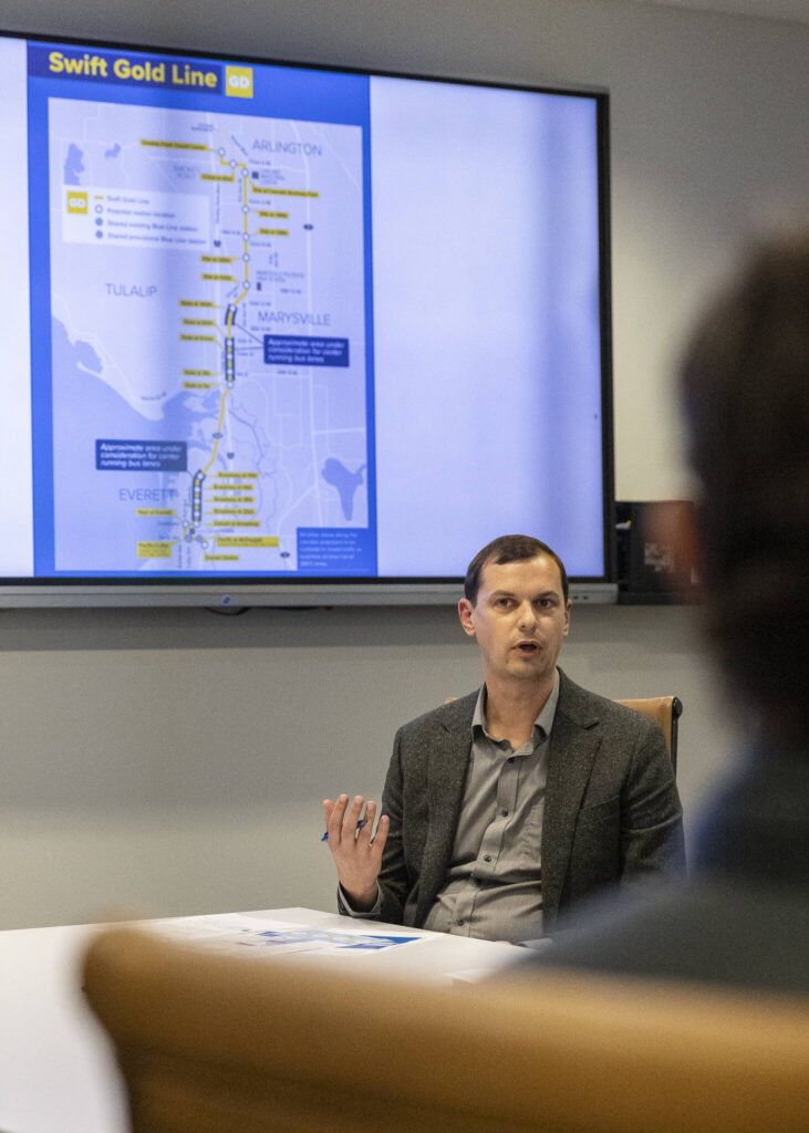 The Swift Gold Line is discussed during a tour and roundtable at Community Transit&rsquo;s corporate headquarters with U.S. Sen. Patty Murray on Wednesday, Feb. 18, 2026 in Everett, Washington. (Olivia Vanni / The Herald)

