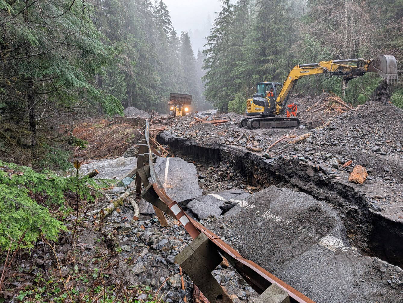 A damaged section of State Route 542 between mileposts 43 and 45 east of Glacier after flooding from an atmospheric river in December 2025. (Washington State Department of Transportation)