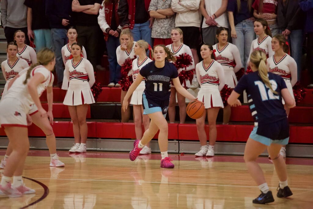 Meadowdale senior Mia Brockmeyer scans the court during the Mavericks&rsquo; 47-36 loss to Snohomish in the District 1 3A semifinals at Snohomish High School on Feb. 18, 2026. (Joe Pohoryles/The Herald)
