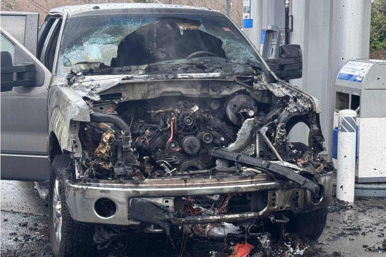 Truck catches fire while driver pumps gas Thursday morning