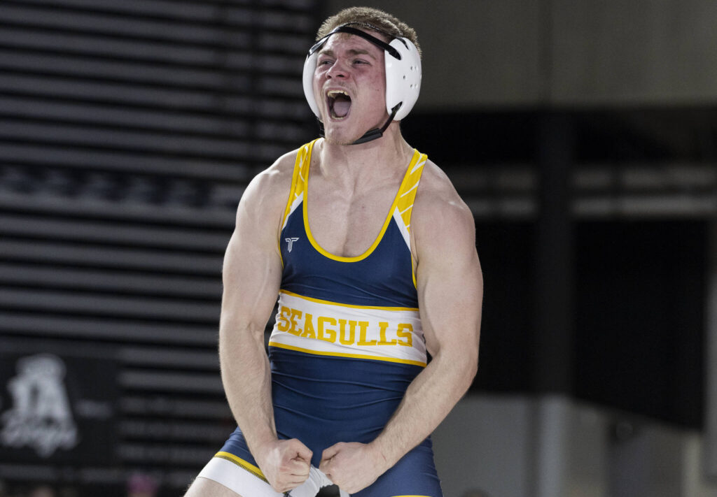 Everett&rsquo;s Alex Buiukli reacts after winning the 3A boys 165-pound semifinal match at the Mat Classic on Friday, Feb. 20, 2026 in Tacoma, Washington. (Olivia Vanni / The Herald)
