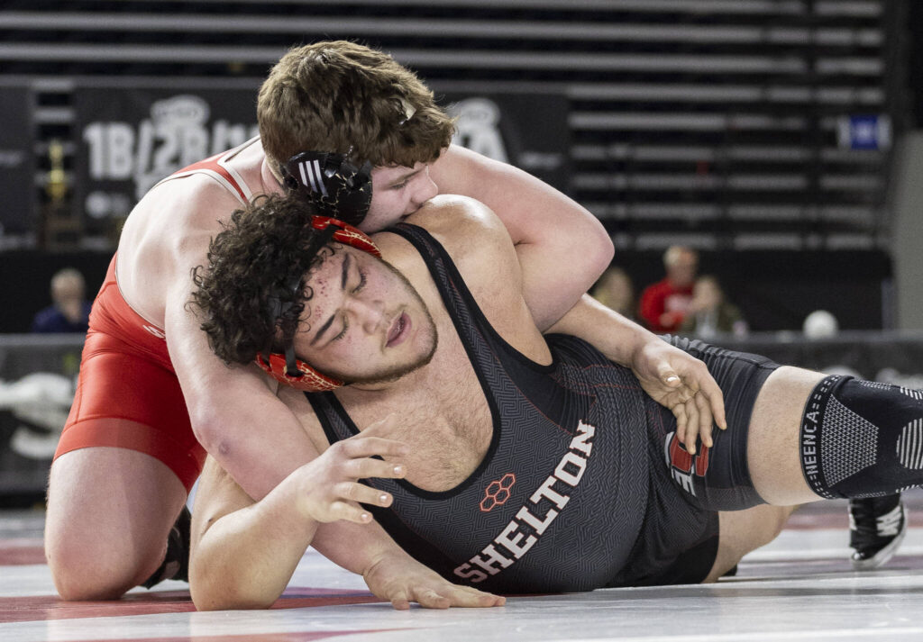 Snohomish&rsquo;s Odin Schwabenbauer gains control of his opponent&rsquo;s arms during the 3A boys 285-pound championship match at the Mat Classic on Friday, Feb. 20, 2026 in Tacoma, Washington. (Olivia Vanni / The Herald)
