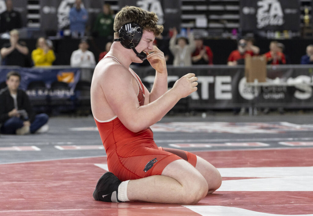 Snohomish&rsquo;s Odin Schwabenbauer reacts after wining the 3A boys 285-pound championship match at the Mat Classic on Friday, Feb. 20, 2026 in Tacoma, Washington. (Olivia Vanni / The Herald)
