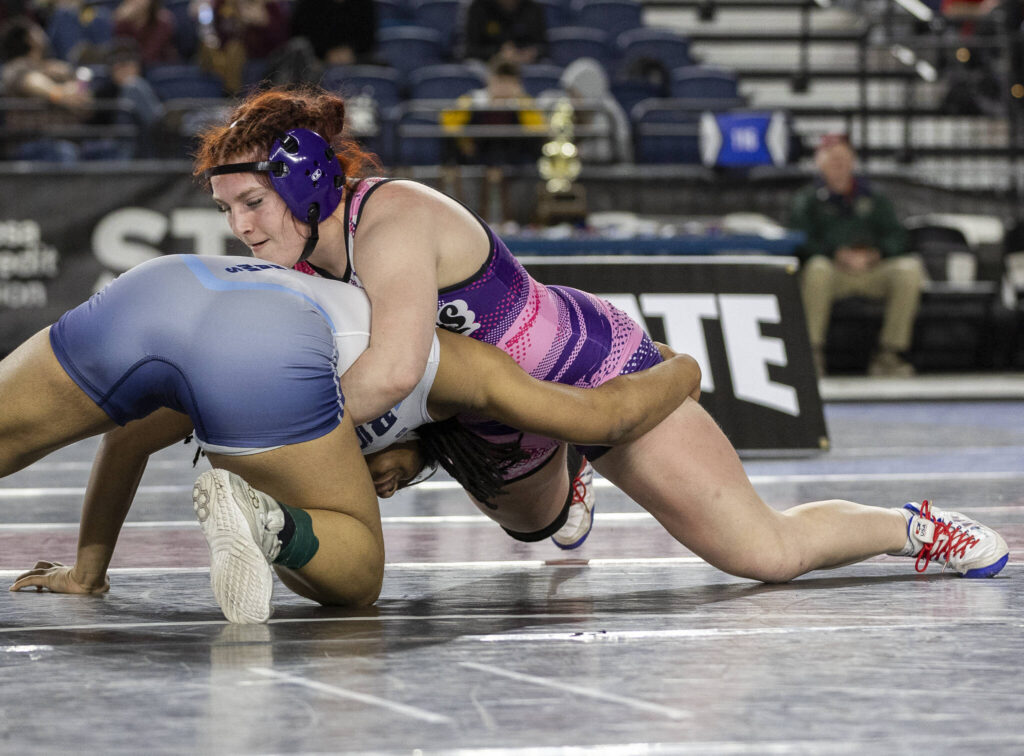 Lake Stevens&rsquo; Jillian Hradec wrestles during the 4A girls 155-pound championship match at the Mat Classic on Friday, Feb. 20, 2026 in Tacoma, Washington. (Olivia Vanni / The Herald)
