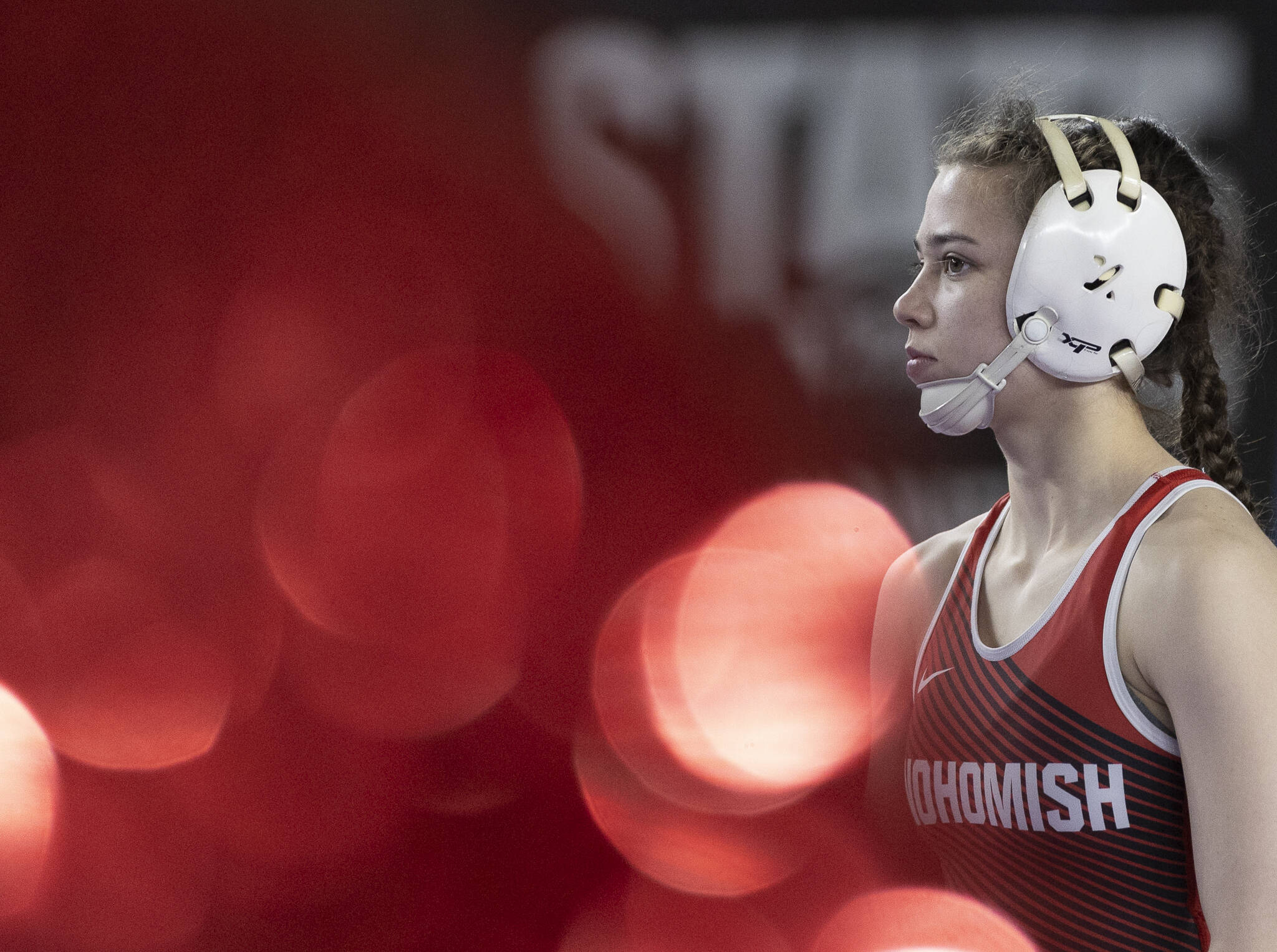 Snohomishs Malia Ottow looks on before the 3A girls 120-pound championship match at the Mat Classic on Friday, Feb. 20, 2026 in Tacoma, Washington. (Olivia Vanni / The Herald)