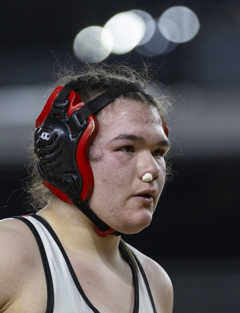 Stanwood&rsquo;s Makayla Finch looks on during the 3A girls 170-pound semifinal match at the Mat Classic on Friday, Feb. 20, 2026 in Tacoma, Washington. (Olivia Vanni / The Herald)
