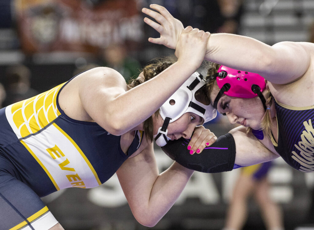 Everett&rsquo;s Mia Cienega wrestles during the 3A girls 235-pound championship match at the Mat Classic on Friday, Feb. 20, 2026 in Tacoma, Washington. (Olivia Vanni / The Herald)
