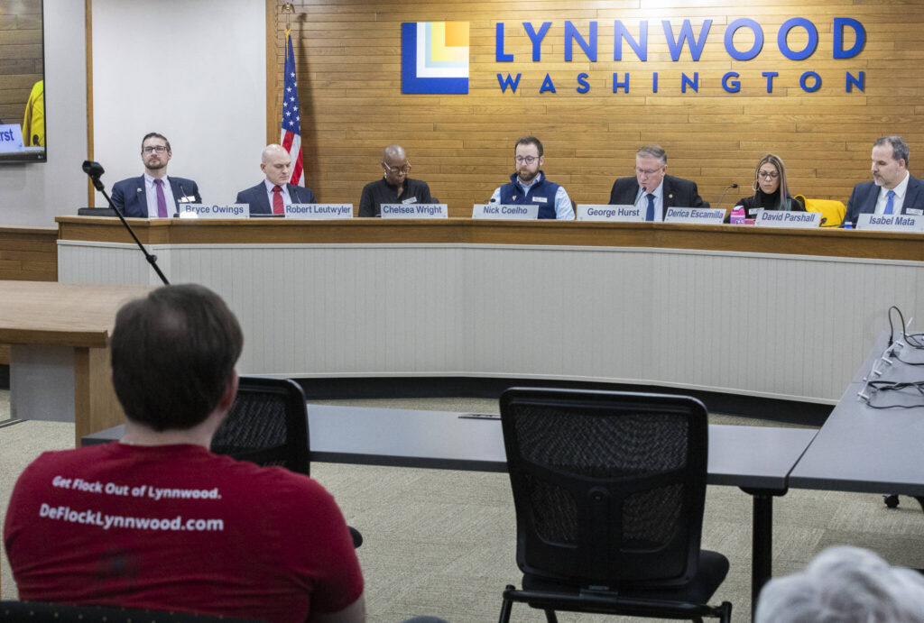 The Lynnwood City Council addresses public comments during a council meeting on Monday, Feb. 23, 2026, in Lynnwood, Washington. (Olivia Vanni / The Herald)
