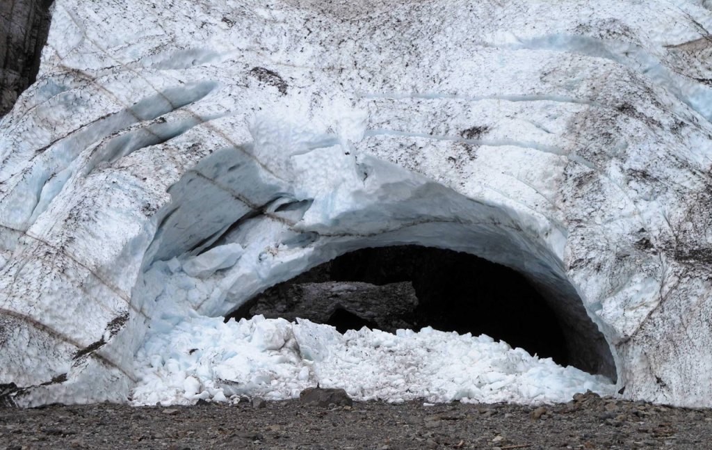 This photo taken on July 12, 2015, shows additional major icefall at the mouth of a cave, days after a partial collapse killed two people. (U.S. Forest Service)
