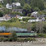 Snohomish County Public Works&rsquo; Fred Bushby (bottom) walks along Howarth Park beach Tuesday in Everett as a train rolls by. Work being done to add sediment to existing coastline at the park will add an additional 200 to 300 feet of beach for the public as well as help create more spawning grounds for fish. (Ian Terry / The Herald)
