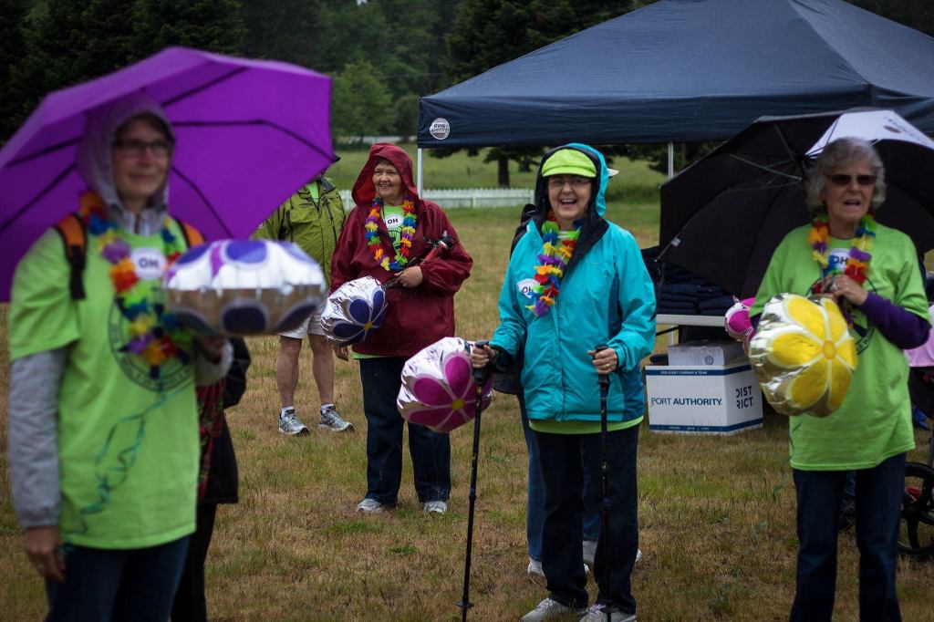 Participants from the Oak Harbor Senior Center prepare for the Meals on Wheels Walkathon and fundraiser on May 21 on Whidbey Island. (Daniella Beccaria / For the Herald)
