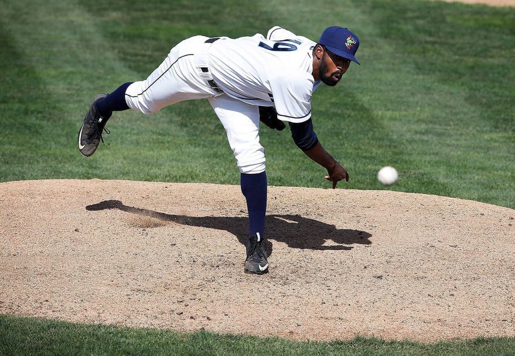 Everett AquaSox starting pitcher Reggie McClain delivers a pitch during Sunday&rsquo;s game against the Boise Hawks at Everett Memorial Stadium on Sunday. (Ian Terry / The Herald)
