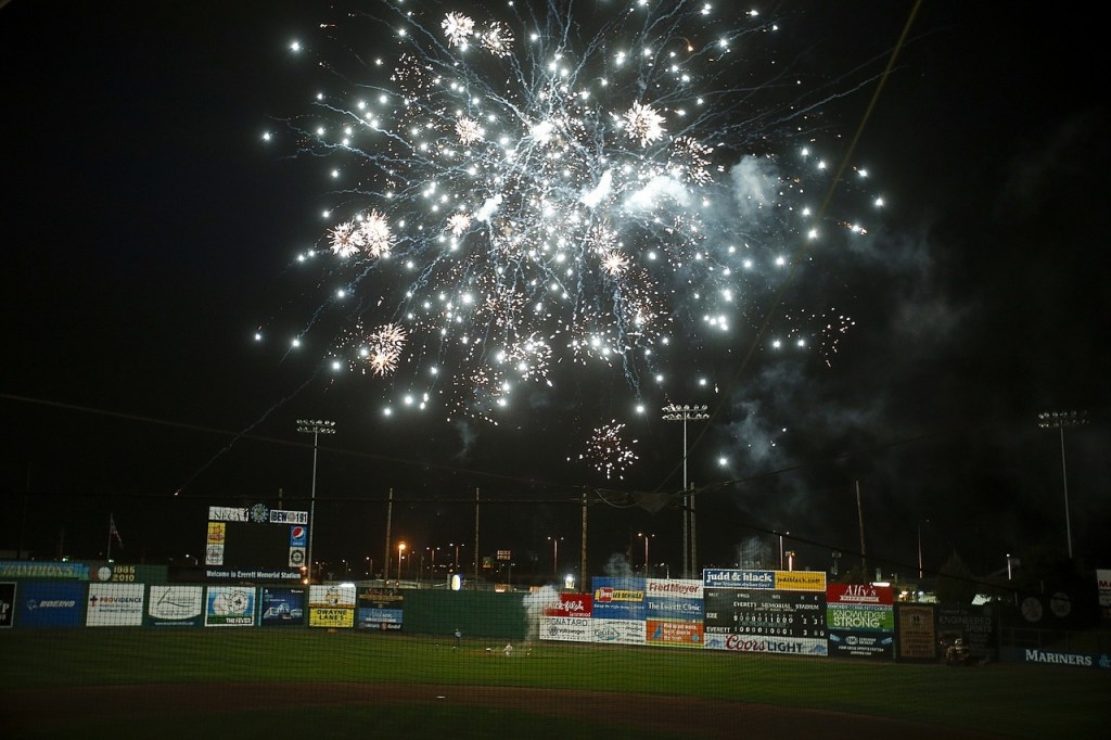 Fireworks light up center field following an AquaSox game at Everett Memorial Stadium. On select nights, the AquaSox encourage families to stay in their seats at the conclusion of the baseball game to see a fireworks show. (Ian Terry / The Herald)
