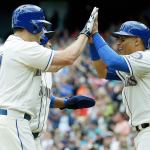 Seattle Mariners outfielder Seth Smith (left) is greeted at home plate by teammate Leonys Martin after hitting a grand slam in Sunday&rsquo;s 9-4 win over the Baltimore Orioles. (Associated Press)