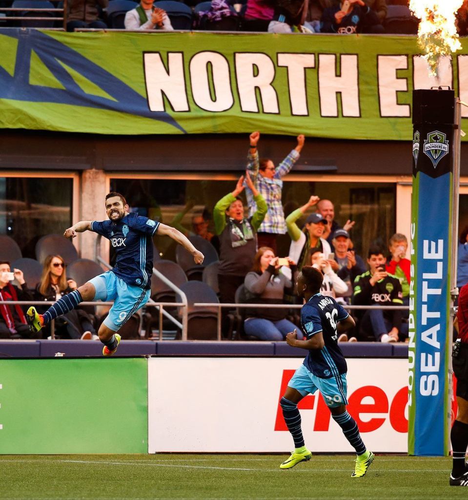 Sounders forward Herculez Gomez (left) celebrates his penalty kick goal during an international friendly match against West Ham United at CenturyLink Field in Seattle on Tuesday. (Ian Terry / The Herald)