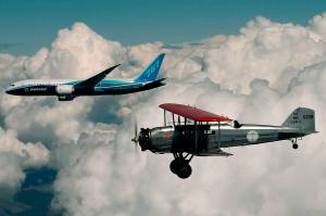 The Model 40 was the first Boeing airplane to carry passengers, using steel tubing for the nose and curved wood-veneer laminate for the middle of the fuselage. The wings were wood and fabric. The 787 Dreamliner is the latest addition to the Boeing commercial line. As much as 50 percent of the primary structure &mdash; including the fuselage and wing &mdash; on the 787 are made of composite materials. (Photo courtesy The Boeing Co.)