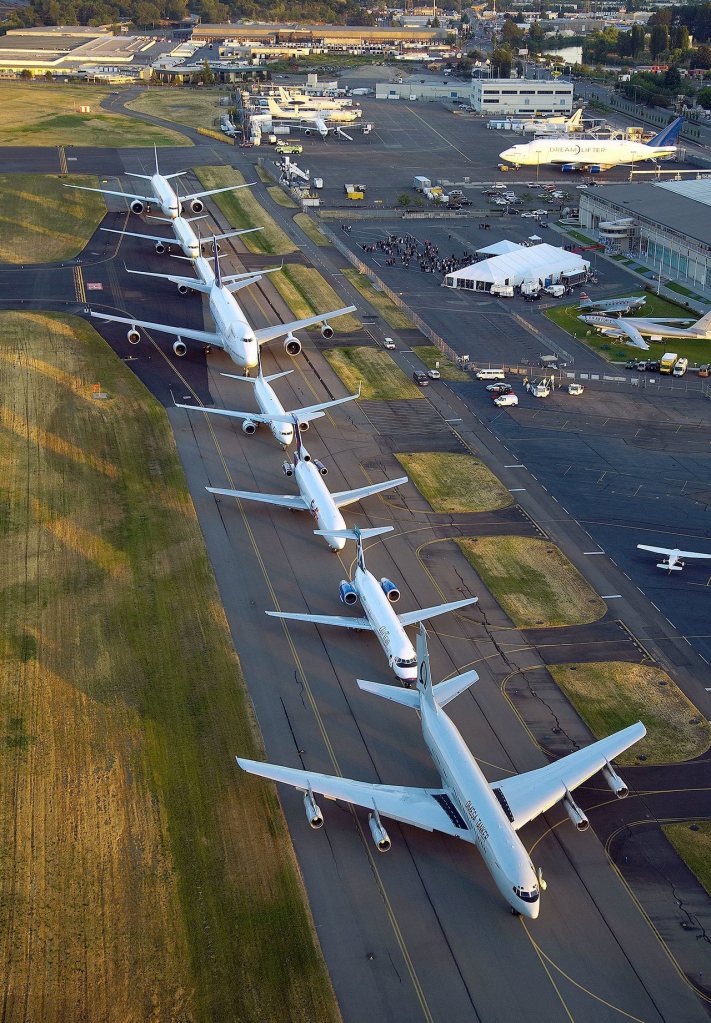 On July 7, 2007, as part of its 787 premiere, Boeing honored the 7-Series family of airplanes with a special show featuring customers&rsquo; Boeing-produced airplanes. The airplanes on display at Boeing Field included an Omega Air 707; AirTran Airways 717; FedEx 727; Alaska Airlines 737-800; Rolls-Royce Trent 1000 Flying Test Bed 747-200; Continental Airlines 757; Delta Air Lines 767; and Air France 777-300ER (Extended Range). In addition, the Boeing 747-400 Dreamlifter was on display. Each airplane &mdash; the 707 through the 777 &mdash; took off from Paine Field, adjacent to Boeing&rsquo;s Everett facility, and landed at Boeing Field in Seattle &mdash; in sequence of airplane model numbers matched to time, beginning with the 707 landing at 7:07 p.m. Pacific time. The display was part of a Boeing-sponsored event at The Museum of Flight. (Boeing Co.)