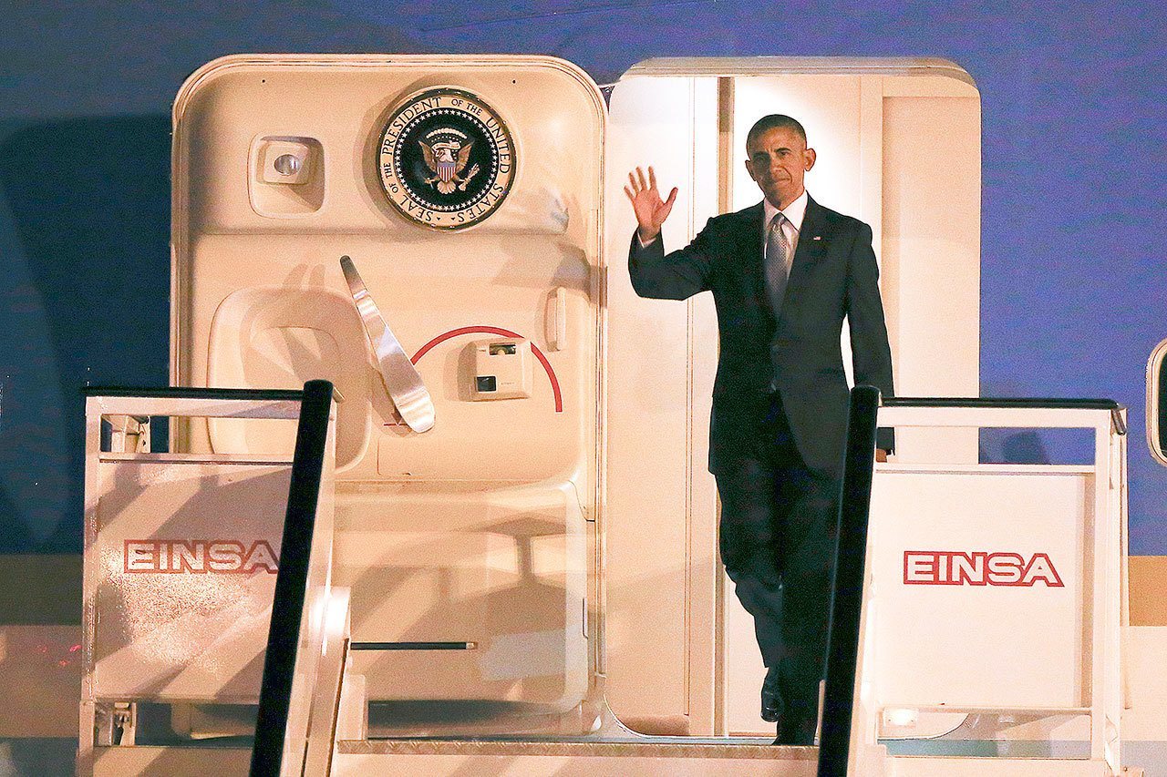 President Barack Obama leaves Air Force One as he arrives at the Torrejon military air base in Madrid, Spain, on Saturday. (AP Photo/Paul White)