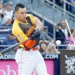 Giancarlo Stanton of the Miami Marlins bats during the MLB All-Star Home Run Derby on Monday in San Diego. Stanton won the competition by hitting a record 61 home runs. (AP Photo/Lenny Ignelzi)