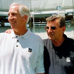 Penn State football coach Joe Paterno (right) poses with defensive coordinator Jerry Sandusky at the team&rsquo;s media day in 1999. Newly released court documents say that Paterno ignored a sex abuse accusation against Sandusky in 1976. (AP Photo/Paul Vathis)