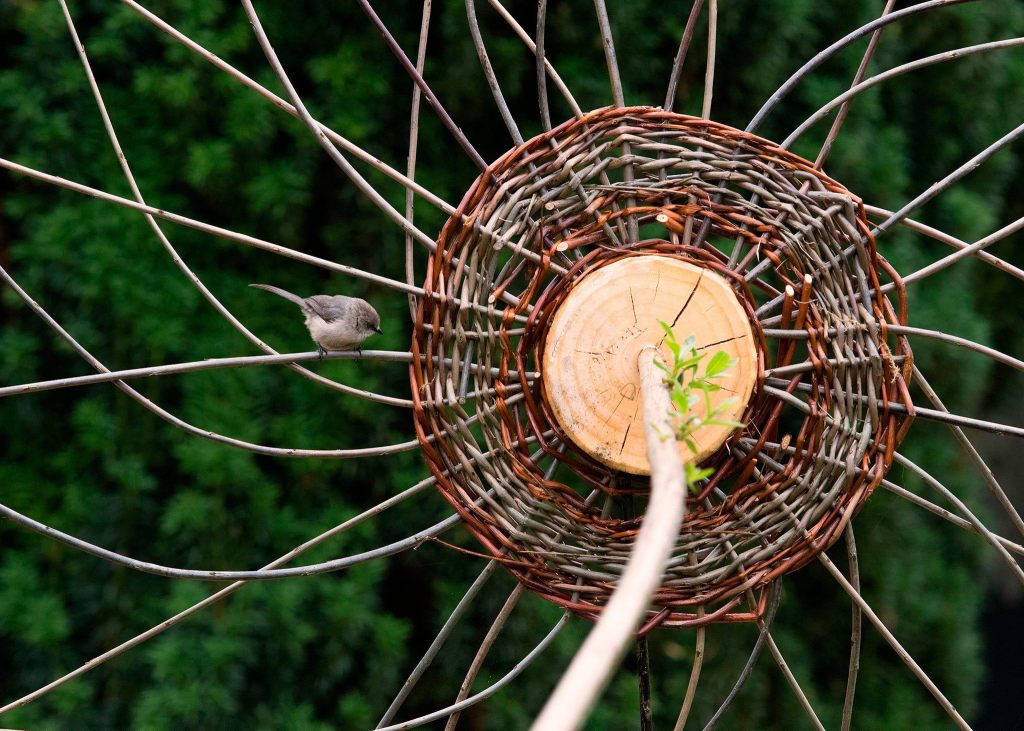 A bird perches in a sunflower sculpture made by Deb Taylor and Ken Morrison. (Andy Bronson / The Herald)