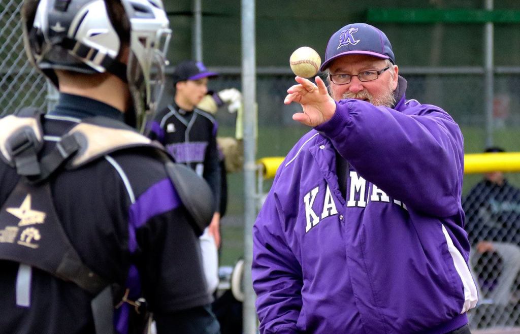 Former Kamiak baseball coach Frank Nickerson practices with the team before a game against Mariner on April 3, 2015, at Kamiak High School in Mukilteo (Kevin Clark / The Herald)