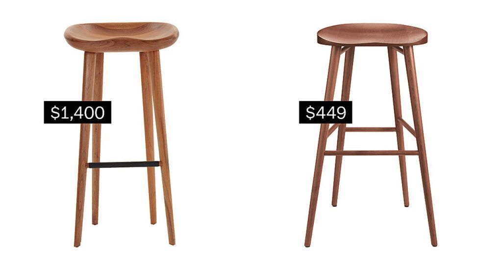 Left, Tractor bar stool in walnut ($1,400, dwr.com). Right, Bay bar stool in walnut ($449, roomandboard.com).                                (Design Within Reach; Room and Board)