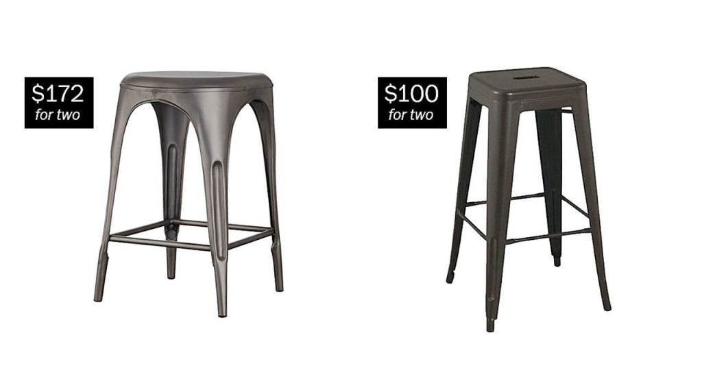 Left, Remy backless stools in burnished steel ($344 for two, restorationhardware.com). Right, Carlisle 29.5-inch backless metal bar stools in antique brown ($100 for two, target.com). (Restoration Hardware; Target)