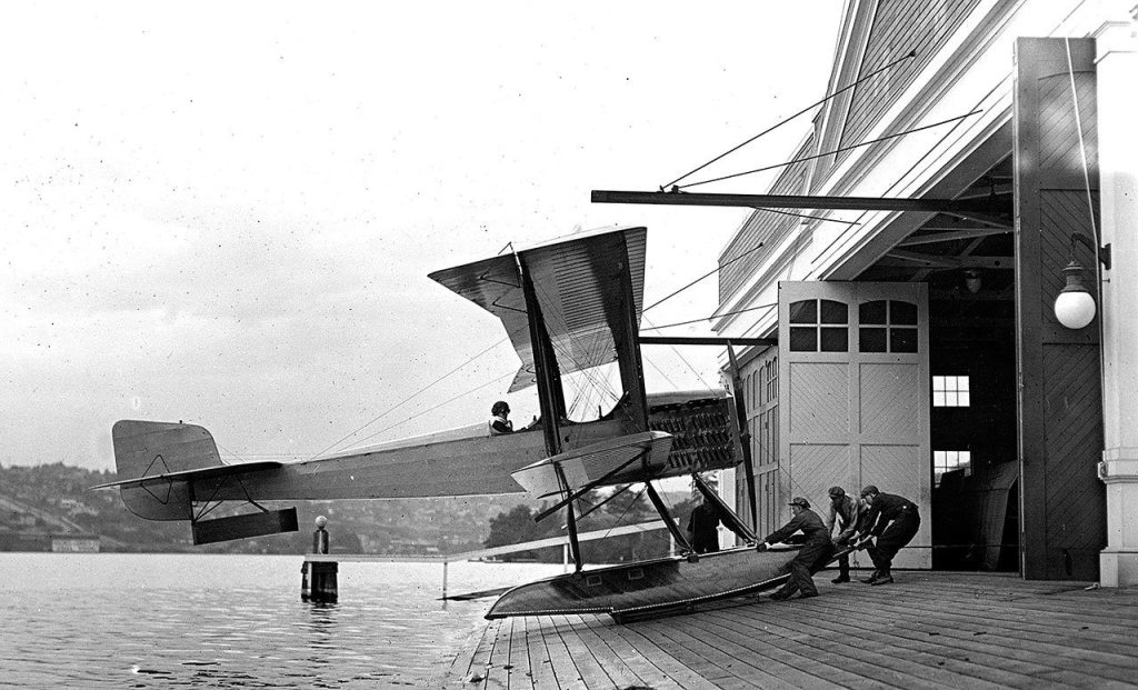 William E. Boeing, company founder, and Conrad Westervelt, a Navy officer, designed and built the B & W, a twin-float sport seaplane, in a boathouse on Seattle&rsquo;s Lake Union. Boeing took the B & W on its first flight June 15, 1916. Two were built and sold to the New Zealand government, becoming the company&rsquo;s first international sale. (Boeing Co.)