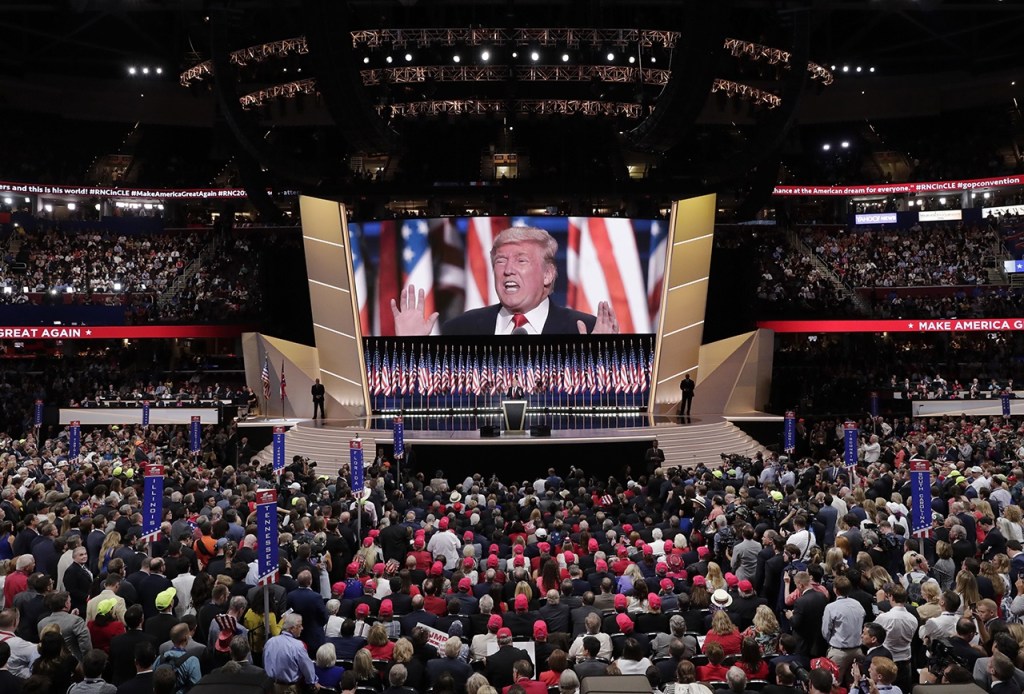 Republican Presidential Candidate Donald J. Trump, speaks during the final day of the Republican National Convention in Cleveland on Thursday. (AP Photo/J. Scott Applewhite)