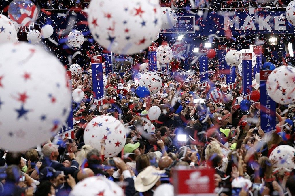 Confetti and balloons fall during celebrations after Donald Trump&rsquo;s acceptance speech on the final day of the Republican National Convention in Cleveland on Thursday. (AP Photo/Paul Sancya)